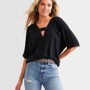 BKE Black Short Sleeve V-Neck Top with Button Strap